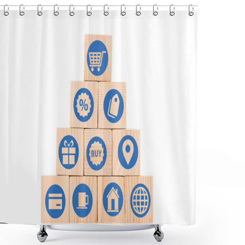 Personality  Pyramid Made Of Wooden Blocks With Blue Shopping Icons Isolated On White Shower Curtains