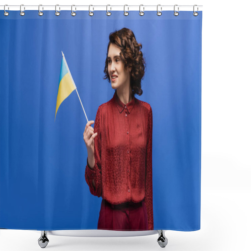 Personality  Cheerful Language Teacher Holding Flag Of Ukraine Isolated On Blue  Shower Curtains