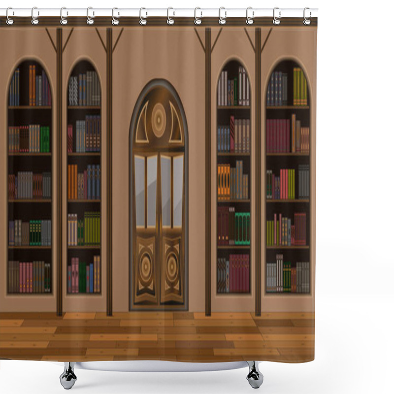 Personality  Interior Of A Spacious Library Or Living Room With A Large Door Shower Curtains