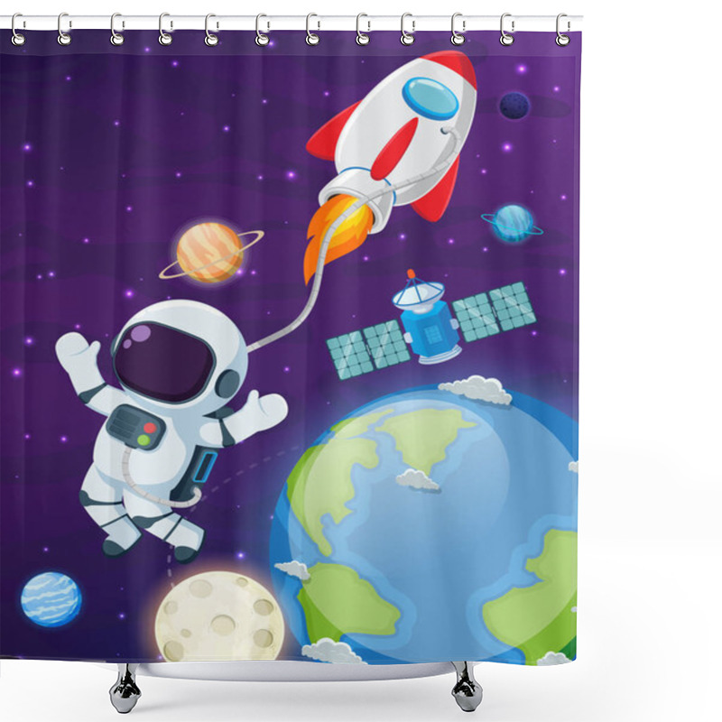 Personality  Vector Illustration Of Astronaut Flying With Rocket On Space Shower Curtains