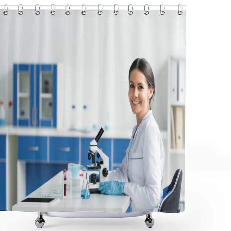 Personality  Scientist Smiling At Camera Near Digital Tablet And Medical Equipment In Lab  Shower Curtains