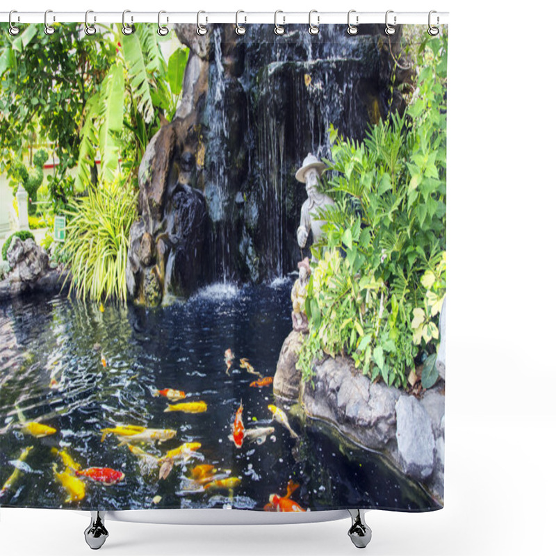 Personality  Small Pond With A Waterfall And Koi Carps Fish Shower Curtains