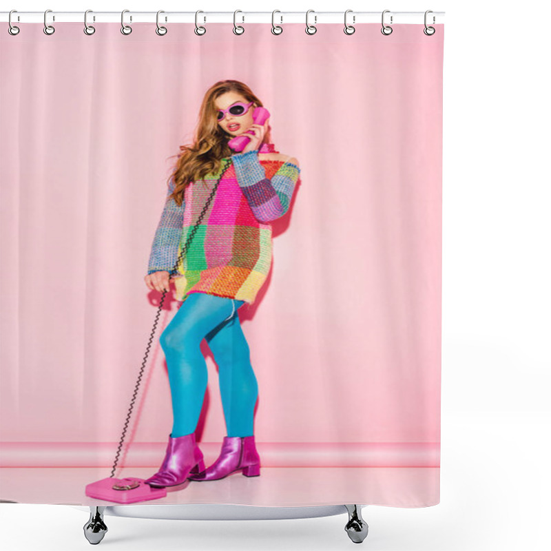 Personality  Surprised Young Woman In Sunglasses And Checkered Dress Talking On Retro Phone On Pink Shower Curtains