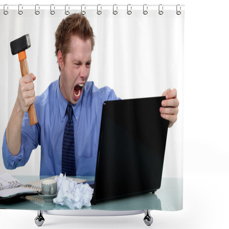 Personality  A Businessman About To Smash His Laptop With A Hammer. Shower Curtains