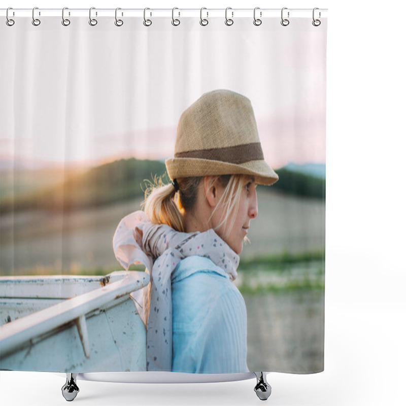 Personality  Woman On Adventure. Traveler Woman Resting At Sunset. Shower Curtains