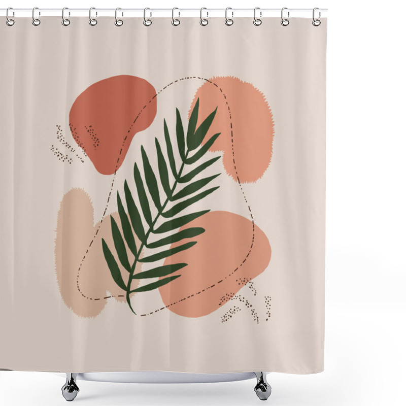 Personality  Abstract Vector Design With Natural Elements Featuring Beige, Orange, And Red Tones. A Central Green Palm Leaf Is Surrounded By Organic, Overlapping Shapes In A Clean, Minimalist Style. Shower Curtains