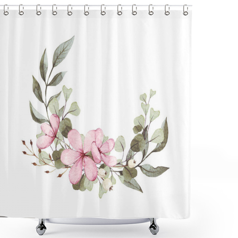 Personality  Floral Composition, Botanical Illustration. Flower, Eucalyptus Branches, Leaves Design Round Frame. Rustic Wedding Greenery. Green Tone. Watercolor Style Save The Date Card. All Elements Are Isolated. Shower Curtains