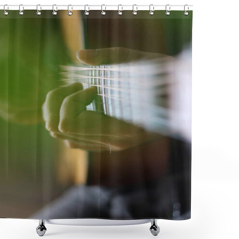 Personality  Hrough The Cut-outs Of A Monstera Leaf, Hands Can Be Seen Playing Chords And Melodies On The Neck Of An Acoustic Guitar Shower Curtains