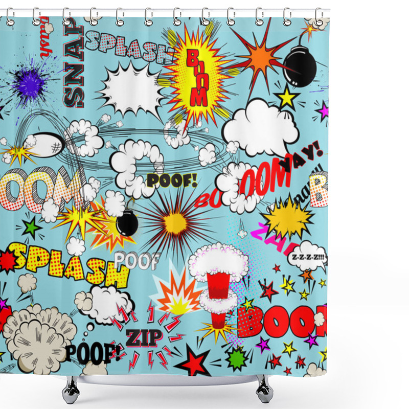 Personality  Vector Retro Seamless Pattern With Comic Speech Bubbles, Labels, Logos And Comic Book Words Shower Curtains