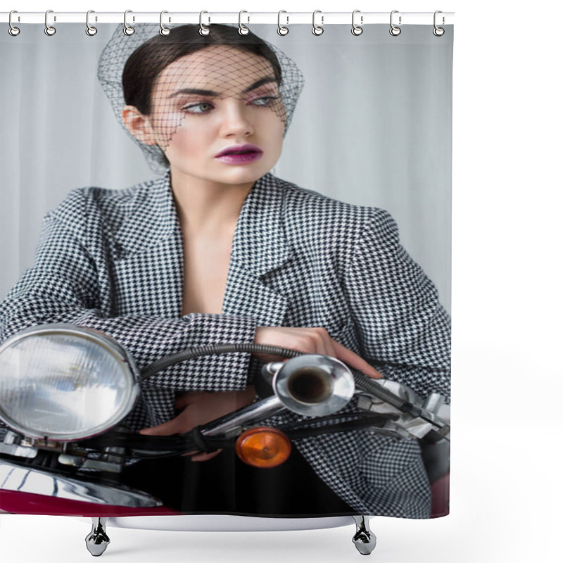 Personality  Elegant Woman In Jacket And Net Veil Posing On Retro Classic Scooter, Isolated On Grey Shower Curtains