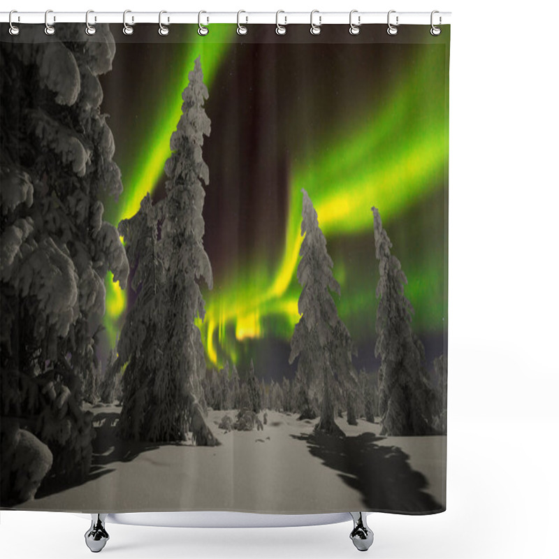 Personality  Northern Lights - Aurora Borealis Over Snow-covered Forest. Beautiful Picture Of Massive Multicoloured Green Vibrant Aurora Borealis, Aurora Polaris, Also Know As Northern Lights In The Night Sky Shower Curtains