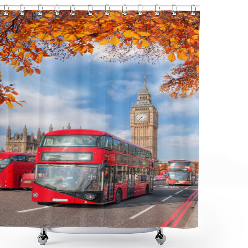 Personality  Buses With Autumn Leaves Against Big Ben In London, England, UK Shower Curtains