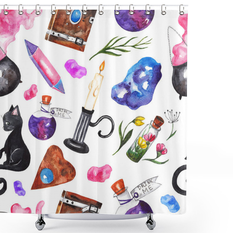 Personality  Seamless Pattern With Magic Things. Magic Book, Potion, Cauldron, Crystal, Magic Stones, Candle, Black Cat, Dried Flowers. Witch's Background Shower Curtains