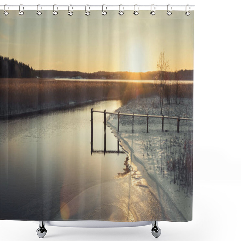 Personality  A Boat Pier Over A Lake In A Village At Dawn In Early Spring In The North. Ladoga, Karelia, Russia Shower Curtains