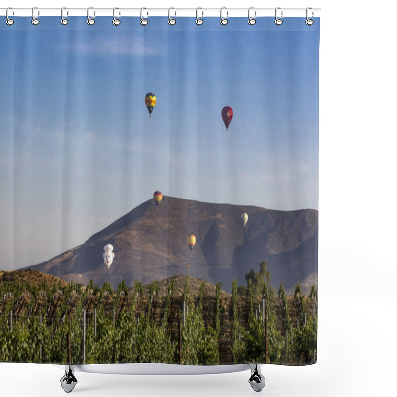 Personality  Balloons Flying Above California Grape Vineyards During Hot Air Balloon Festival Shower Curtains