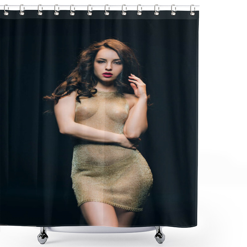 Personality  Sexy Elegant Young Woman In Golden Transparent Dress Isolated On Black Shower Curtains