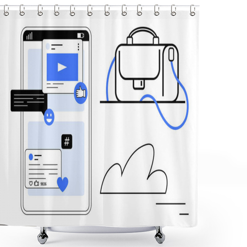 Personality  Social Media Notifications Like Comments, Videos, Likes On Smartphone Screen, Alongside A Simple Briefcase And Cloud Outline. Ideal For Digital Marketing, Online Communication, Social Media Shower Curtains