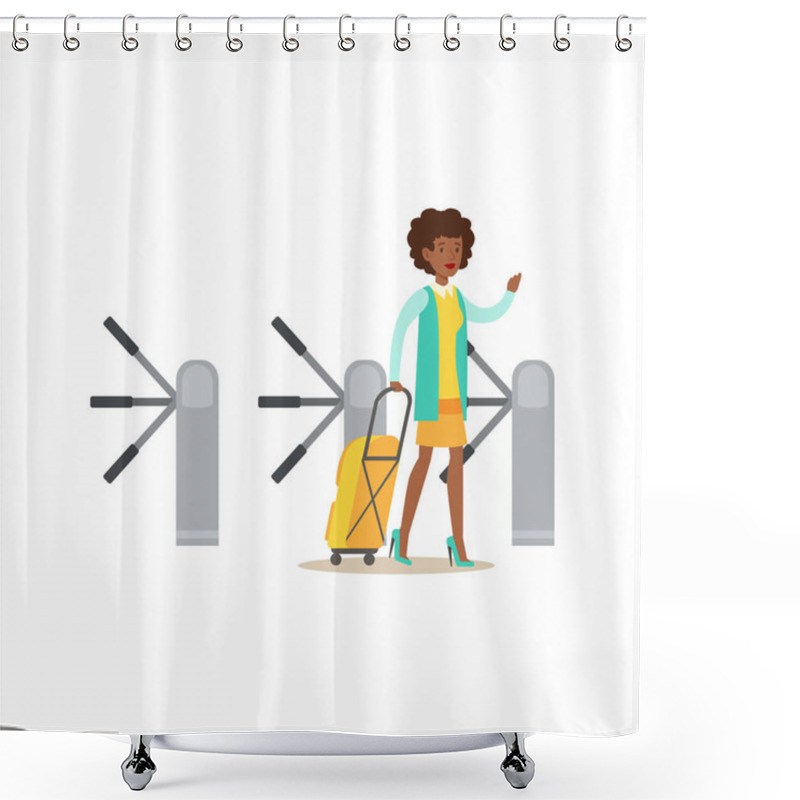 Personality  Woman Passing Turnstile With Suitcase, Part Of Airport And Air Travel Related Scenes Series Of Vector Illustrations Shower Curtains