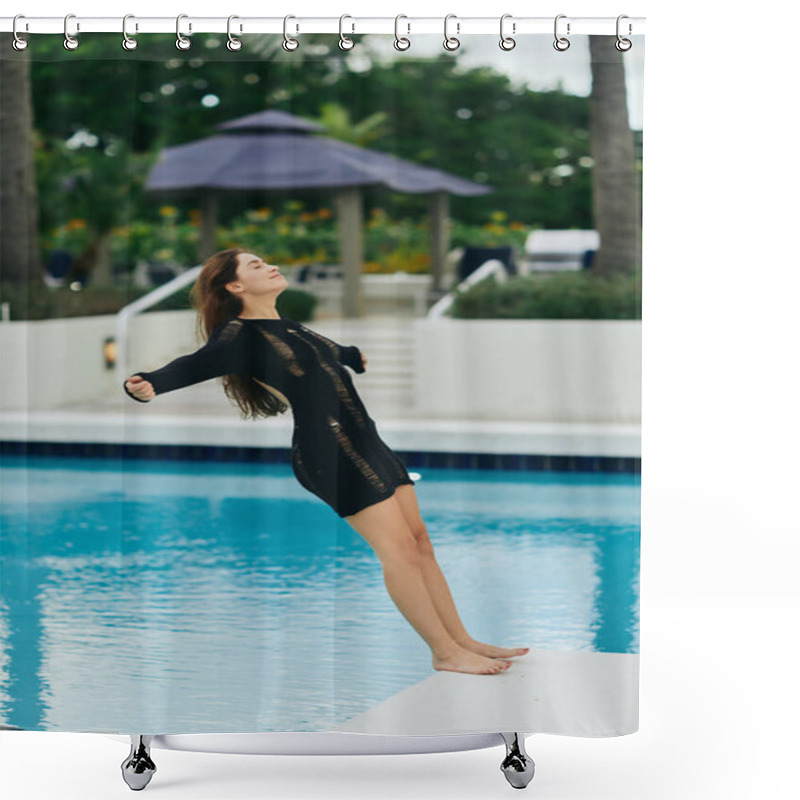 Personality  Carefree And Barefoot, Brunette Woman In Black Knitted Dress Falling Into Blue Water Of Outdoor Swimming Pool In Luxury Resort In Miami, Freedom, Blurred Background, Happiness  Shower Curtains