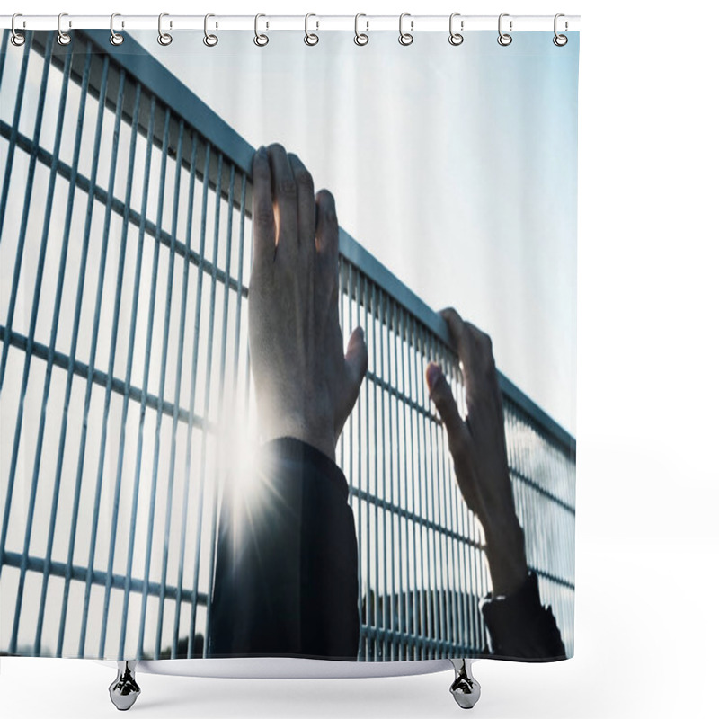 Personality  Man Climbing Up A Metal Fence Shower Curtains