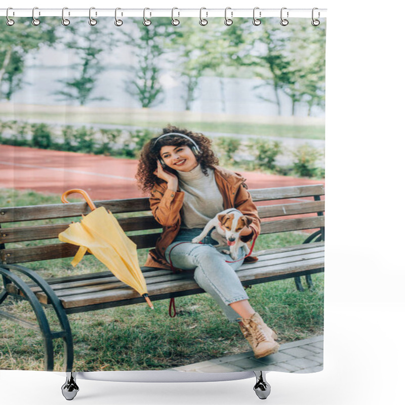 Personality  Stylish Woman In Wireless Headphones Holding Jack Russell Terrier Dog While Sitting On Bench Near Yellow Umbrella Shower Curtains