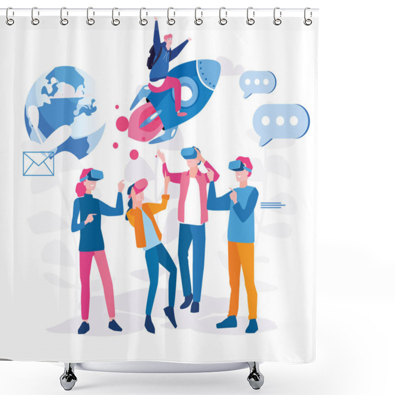 Personality  People In Vr Goggles And Man Riding On Rocket In Sky Shower Curtains