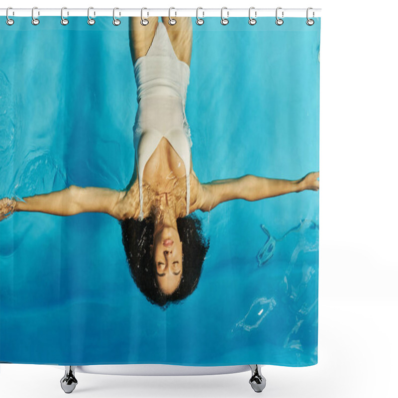 Personality  Top View Of Curly African American Woman Swimming On Her Back In Blue Pool Water, Tranquility Shower Curtains