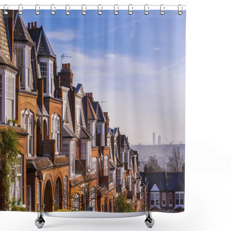 Personality  Traditional British Brick Houses On A Cloudy Morning With East London At Background. Panoramic Shot From Muswell Hill, London, UK Shower Curtains