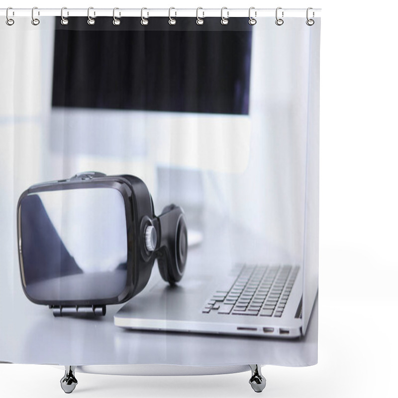 Personality  Virtual Reality Goggles On Desk With Laptop. Business. 3d Technology Shower Curtains