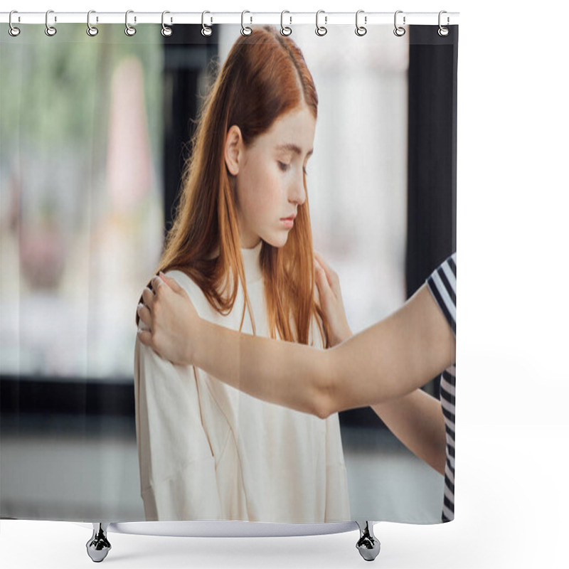 Personality  Cropped View Of Girl Embracing And Supporting Sad Friend Shower Curtains