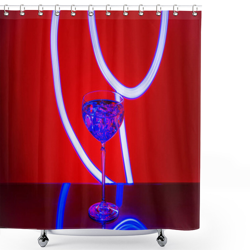 Personality  Close Up View Of Cocktail Glass With Ice Against Vibrant Red And Blue Neon Background. Shower Curtains