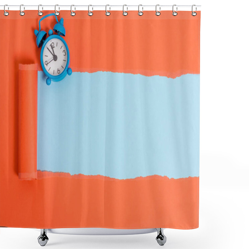 Personality  Ripped Cardboard With A Mini Alarm Clock Placed Above A Soft Colour Table. Thick Torn Paper On A Pastel Plain Backdrop. Artistic Way Of Arranging Flat Lays Photography Shower Curtains