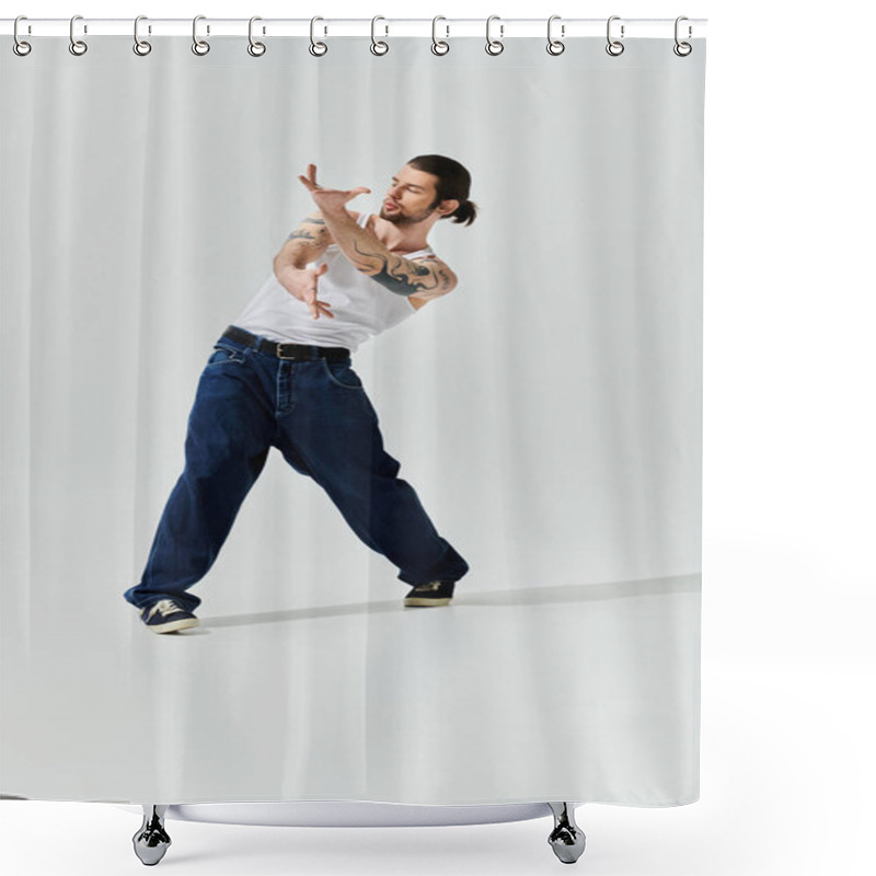 Personality  Caucasian Man In White T-shirt Performs Captivating Trick. Shower Curtains