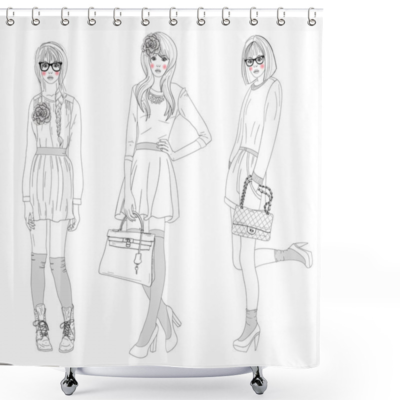 Personality  Young Beautiful Girls Fashion Illustration. Vector Illustration. Shower Curtains