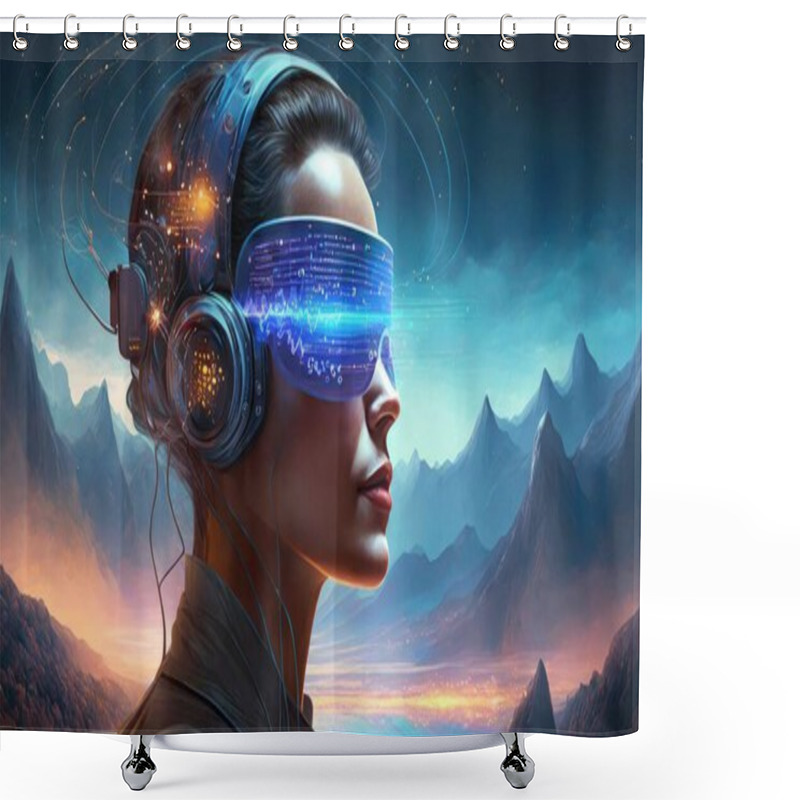 Personality  3 D Render Of Vr Headset With Woman In Space Shower Curtains