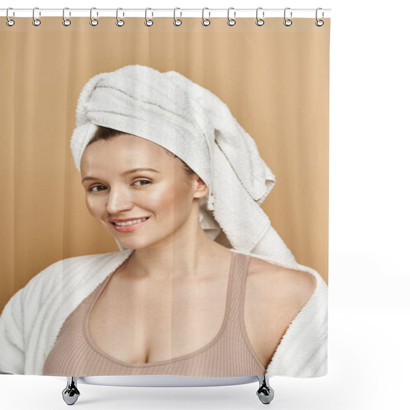 Personality  An Attractive Woman With Natural Beauty Wearing A Soft Towel On Her Head Looks Serene And Relaxed. Shower Curtains