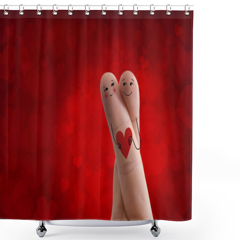 Personality  Finger Art. Lovers Is Embracing And Holding Red Heart. Stock Image Shower Curtains