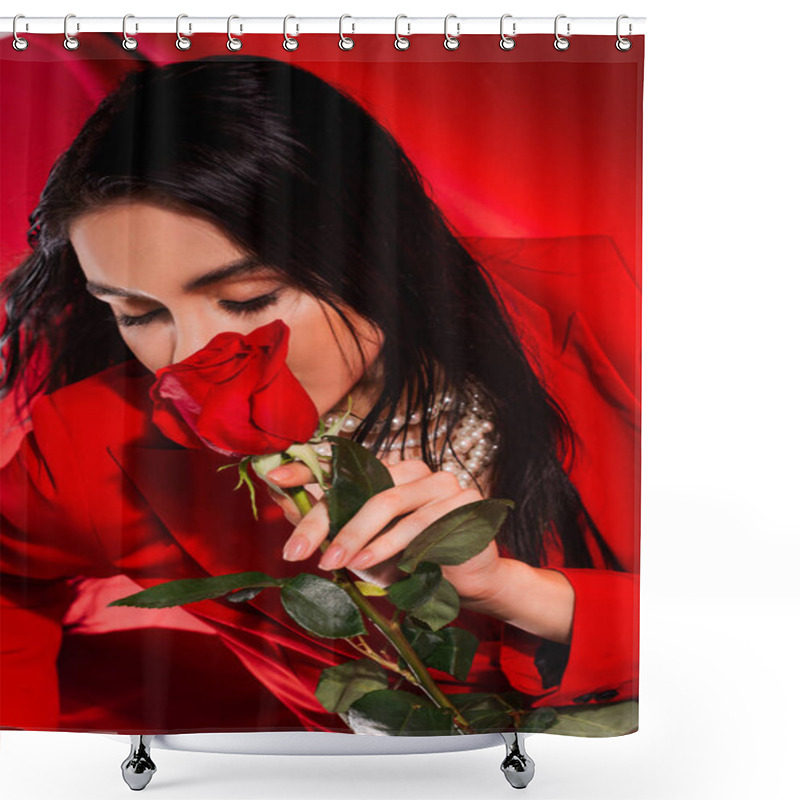 Personality  Brunette Woman In Pearl Necklace Holding Rose Near Face On Red Background  Shower Curtains