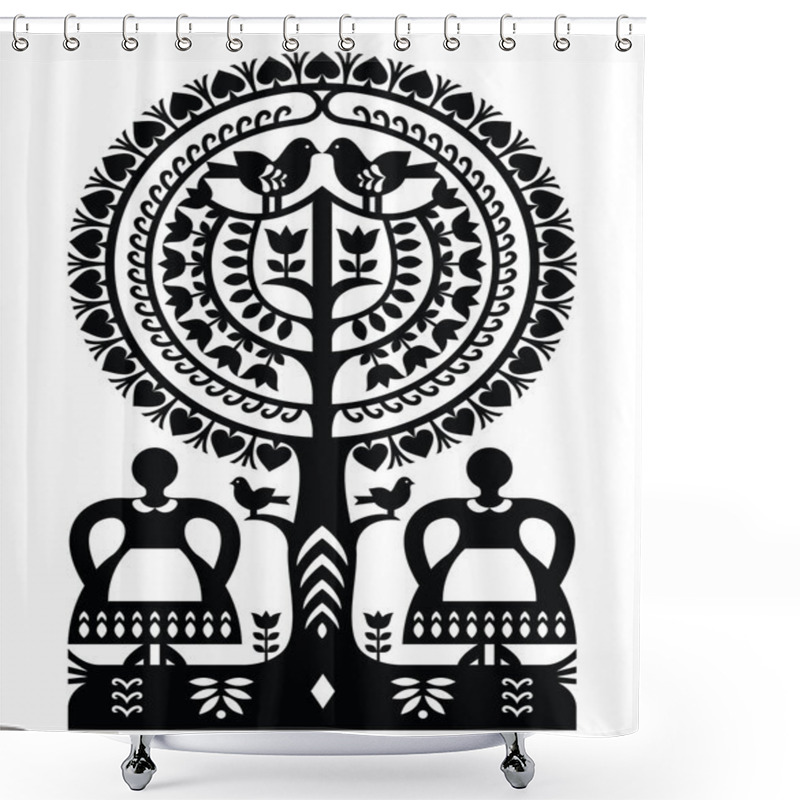 Personality  Polish Monochrome Folk Art Pattern Wycinanki Kurpiowskie - Kurpie Papercuts Shower Curtains