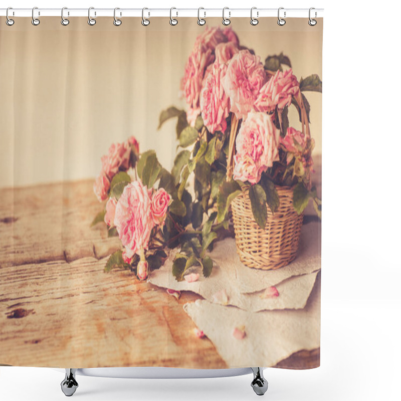 Personality  Roses In Wooden Basket Shower Curtains