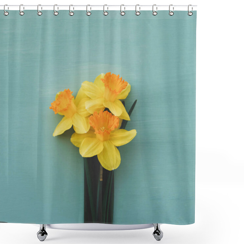 Personality  Beautiful Fresh Yellow Daffodil Flowers In Full Bloom On Light Blue Background, Close Up. Space For Text. Spring Blossoms. Mother's Day. Top View, Flat Lay. Shower Curtains