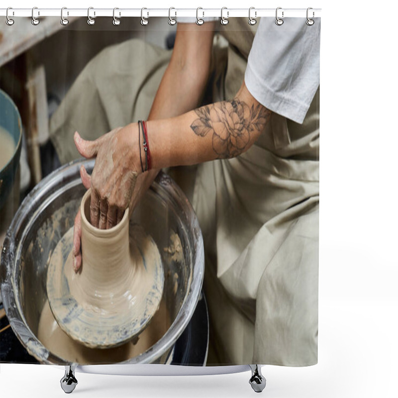 Personality  A Skilled Woman Shapes Clay On A Potters Wheel In Her Creative Workspace. Shower Curtains