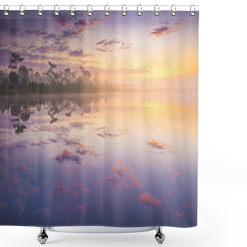 Personality  Rays Of Sunrise Over The Lake With Reflection Mist On The Water, Shower Curtains