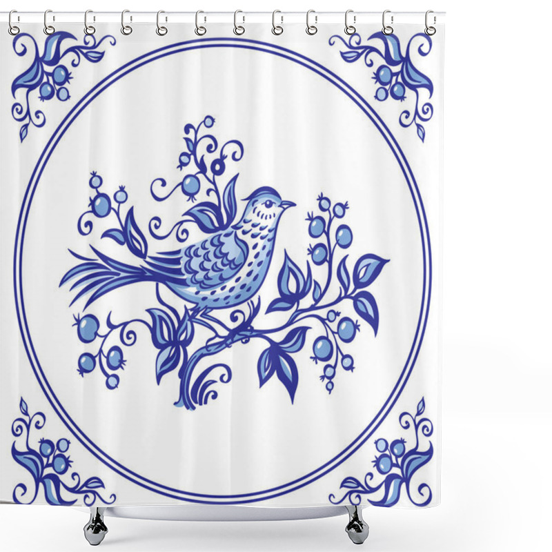 Personality  Bird On The Bush With Berries, Decor Or Painting In The Dutch Style, Pattern For Tiles And Other Designs. Shower Curtains