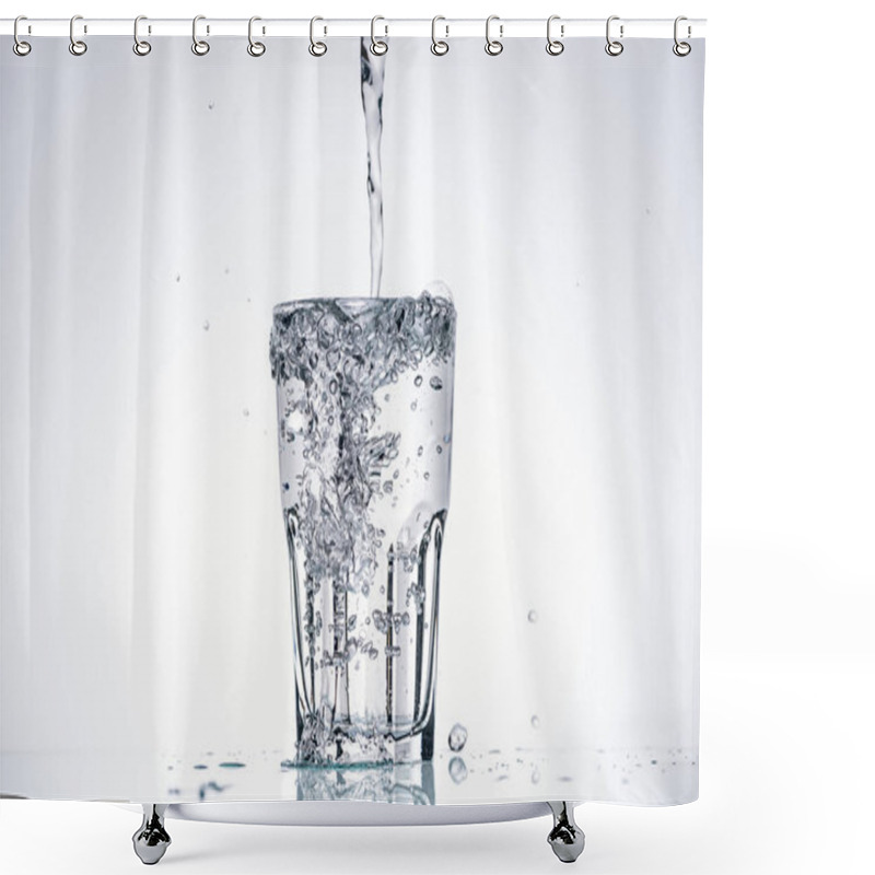 Personality  Water Pouring In Full Glass On White Background With Backlit And Splashes Shower Curtains