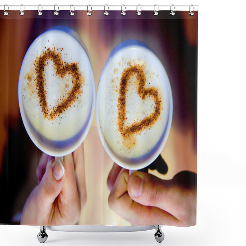 Personality  Goodmorning Cup Of Coffee. 2 Cups Of Coffee In Hand And Hearts Are Drawn On Coffee Foam. Shower Curtains