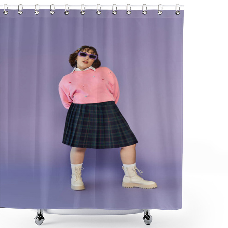 Personality  A Woman In A Pink Sweater And Plaid Skirt Poses Against A Lavender Backdrop. Shower Curtains