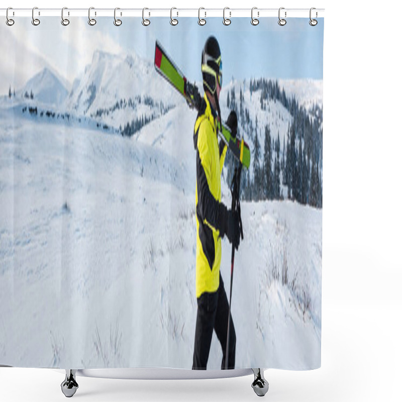 Personality  Panoramic Shot Of Skier Walking With Sticks In Mountains  Shower Curtains