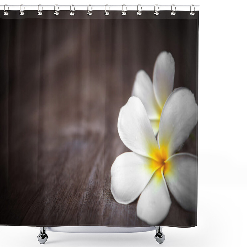 Personality  White Frangipani Flower On Wooden Background With Shallow Depth Of Field Shower Curtains