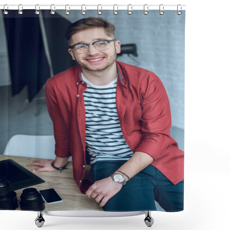 Personality  Smiling Young Man Leaning On Table With Camera Lenses Shower Curtains